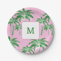 Pink Green Palm Tree Preppy Summer Monogram 7 inch
