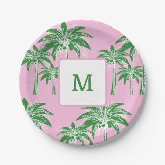 Pink Green Palm Tree Preppy Summer Monogram 7 inch Paper Plates