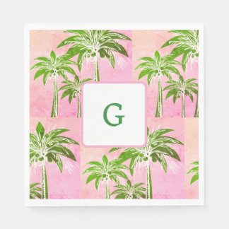Pink Green Palm Tree Preppy Summer Ombre Monogram Napkins