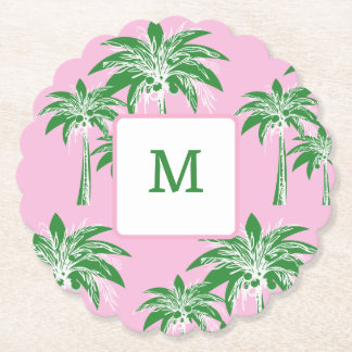 Pink Green Palm Tree Preppy Summer Shower Monogram Paper Coaster