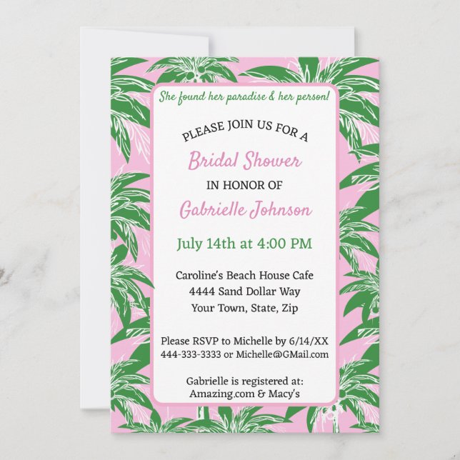 Pink Green Palm Tree Preppy Summer Shower Party Invitation (Front)