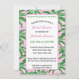 Pink Green Palm Tree Preppy Summer Shower Party Invitation