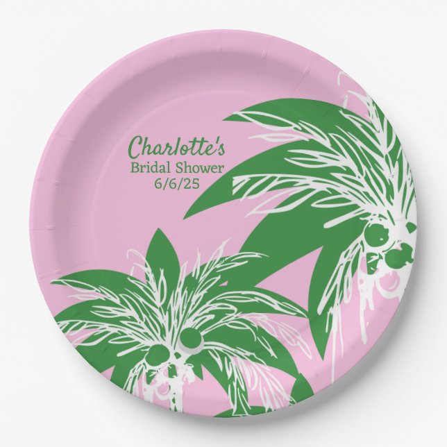 Pink Green Palm Tree Tropical Bridal Shower Name Paper Plates (Front)