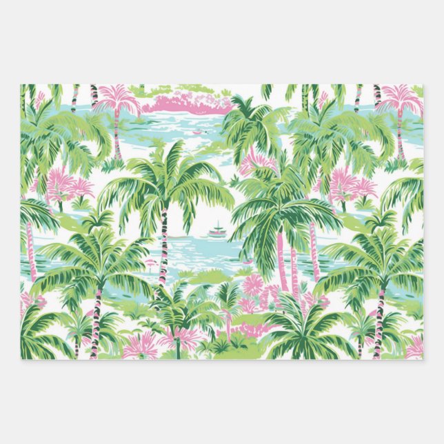 Pink & Green Palm Tree Wrapping Paper Sheets (Set  (Front)