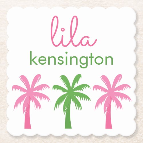 Pink  Green Palm Trees Personalized Coasters