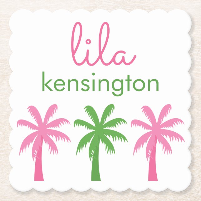 Pink & Green Palm Trees Personalized Coasters (Front)