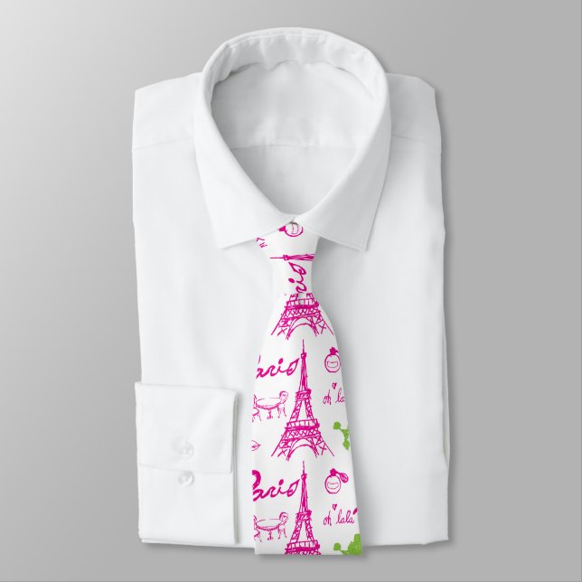 Pink green Paris Love Neck Tie (Tied)