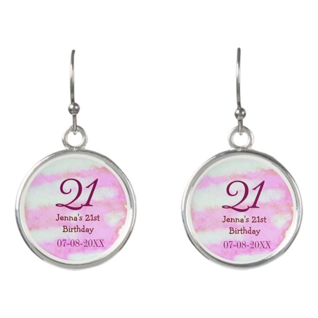 Pink green pastel 21st birthday simple name date g earrings (Front)