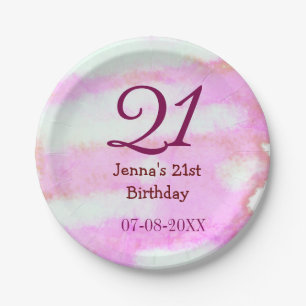 Pink green pastel 21st birthday simple name date g paper plates