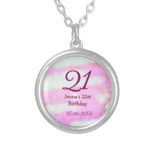 Pink green pastel 21st birthday simple name date g silver plated necklace