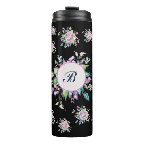 Pink Green Pastel Floral Watercolor Monogram Thermal Tumbler