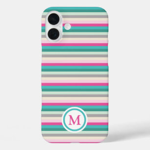 Pink Green Pastel Striped Monogram iPhone 16 Plus Case