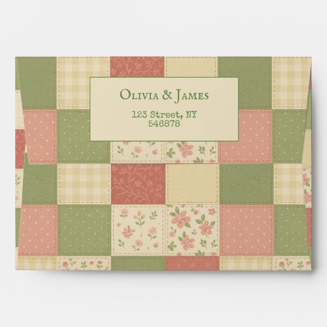 Pink Green Patchwork Quilt Rustic Farmhouse Floral Envelope (Back (Top Flap))