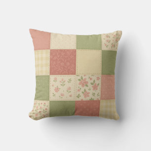 Pink Green Patchwork Quilt Rustic Farmhouse  Throw Pillow