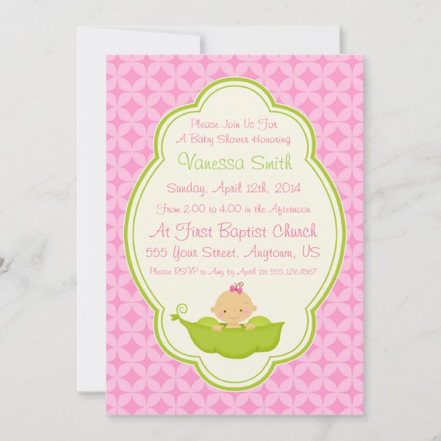 Pink & Green Pea in the Pod Baby Shower Invitation (Front)