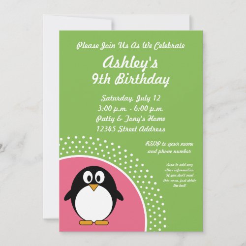 Pink Green Penguin Birthday Party Invitation