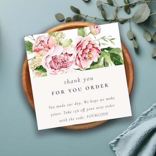 Pink Green Peony Floral Thank You Business Order Square Business Card