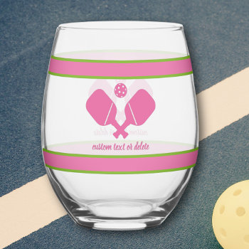 Pink Green Personalized Custom Text Pickleball  Stemless Wine Glass by colorfulgalshop at Zazzle