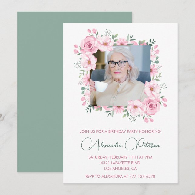 Pink Green Photo Floral Frame 96th birthday Invitation (Front/Back)
