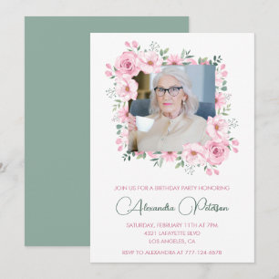 Pink Green Photo Floral Frame 96th birthday Invitation