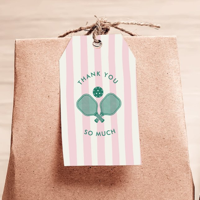 Pink Green Pickleball Birthday Party Thank You Gift Tags (thank you gift tags with pickleball design, preppy pink stripes)