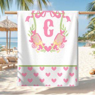 Pink & Green Pickleball Paddle Monogram Crest Beach Towel