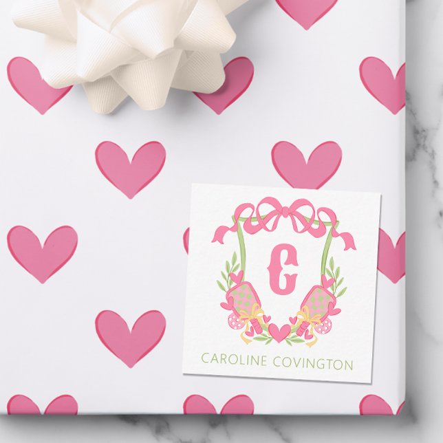 Pink & Green Pickleball Paddle Monogram Crest Gift Note Card (Creator Uploaded)