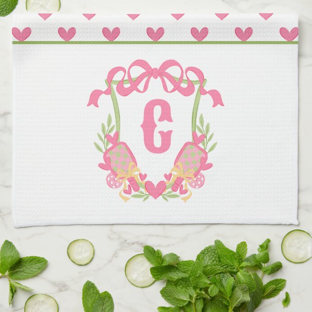 Pink & Green Pickleball Paddle Monogram Crest Kitchen Towel (Folded)