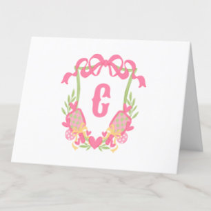 Pink & Green Pickleball Paddle Monogram Crest Letterpress Thank You Card