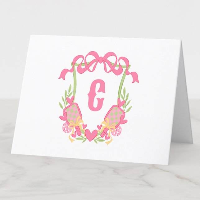 Pink & Green Pickleball Paddle Monogram Crest Letterpress Thank You Card (Creator Uploaded)