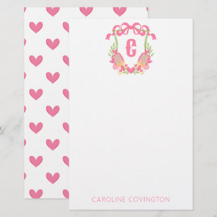Pink & Green Pickleball Paddle Monogram Crest Stationery