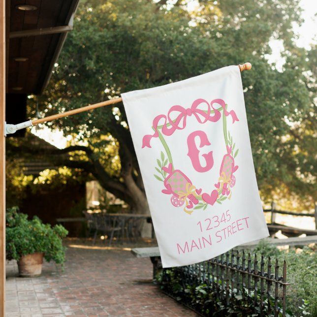 Pink & Green Pickleball Paddles Monogram Crest House Flag (In SItu)