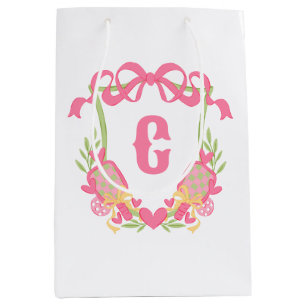 Pink & Green Pickleball Paddles Monogram Crest Medium Gift Bag