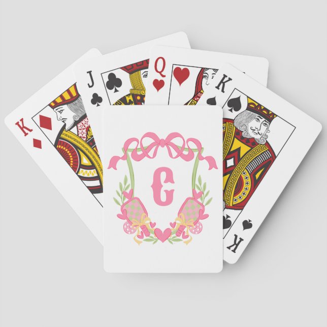 Pink & Green Pickleball Paddles Monogram Crest Poker Cards (Back)