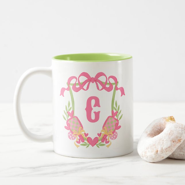 Pink & Green Pickleball Paddles Monogram Crest Two-Tone Coffee Mug (With Donut)