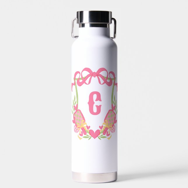 Pink & Green Pickleball Paddles Monogram Crest Water Bottle (Front)
