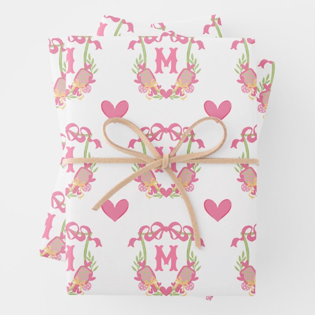 Pink & Green Pickleball Paddles Monogram Crest Wrapping Paper Sheets (In situ)