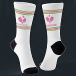Pink Green Pickleball Paddles Personalized Team Socks<br><div class="desc">Really fun socks featuring pickleball paddles,  a ball and colorful stripes.  Easily change the colors. Personalize with a player,  team or club name. Get matching socks for your entire team or tournament partner. Makes a great gift for any pickleball player.</div>