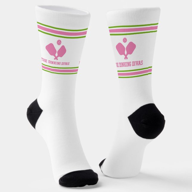Pink Green Pickleball Paddles Personalized Team Socks (Angled)