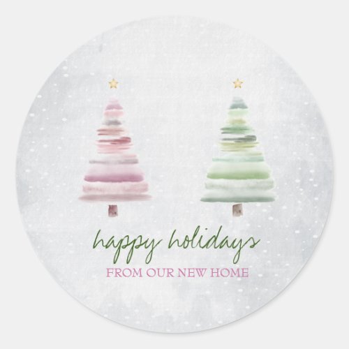 Pink Green Pine Tree Snow Holiday   Classic Round Sticker
