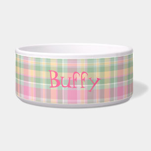 Pink & Green Plaid Custom Dog Bowl