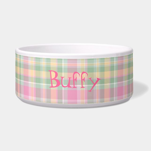 Pink & Green Plaid Custom Dog Bowl (Front)