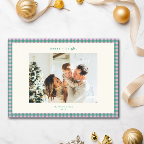Pink Green Plaid Custom Two Photo Christmas Holiday Card