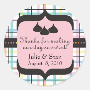 Pink Green Plaid Wedding Candy Table Classic Round Sticker