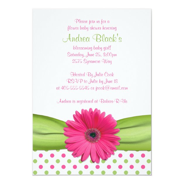 Pink Green Polka Dot Daisy Baby Shower Invitation