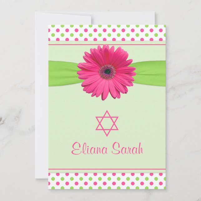 Pink Green Polka Dot Gerber Bat Mitzvah Invitation (Front)