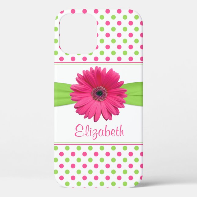 Pink Green Polka Dot Gerbera Daisy Case-Mate iPhone Case (Back)