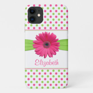 Pink Green Polka Dot Gerbera Daisy iPhone 11 Case