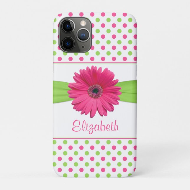 Pink Green Polka Dot Gerbera Daisy Case-Mate iPhone Case (Back)