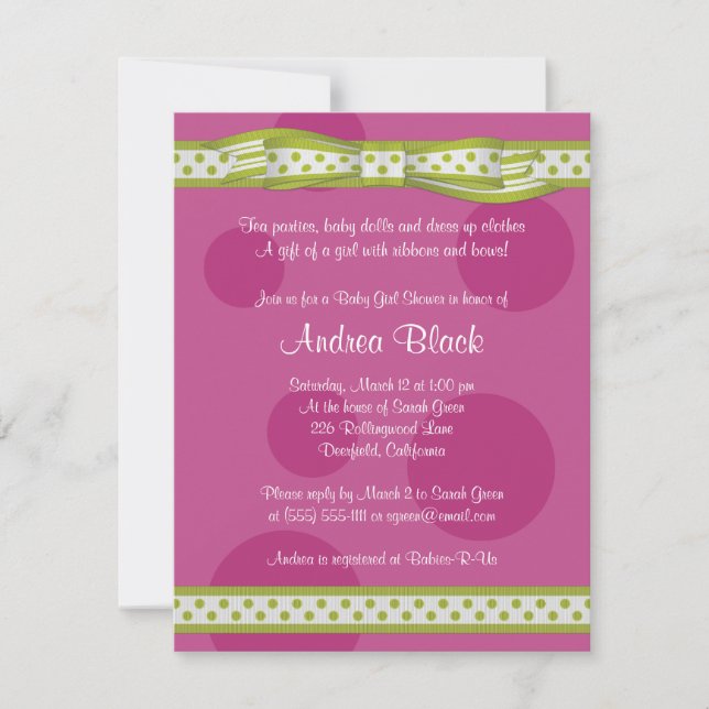 Pink Green Polka Dot Ribbon Baby Shower Invitation (Front)